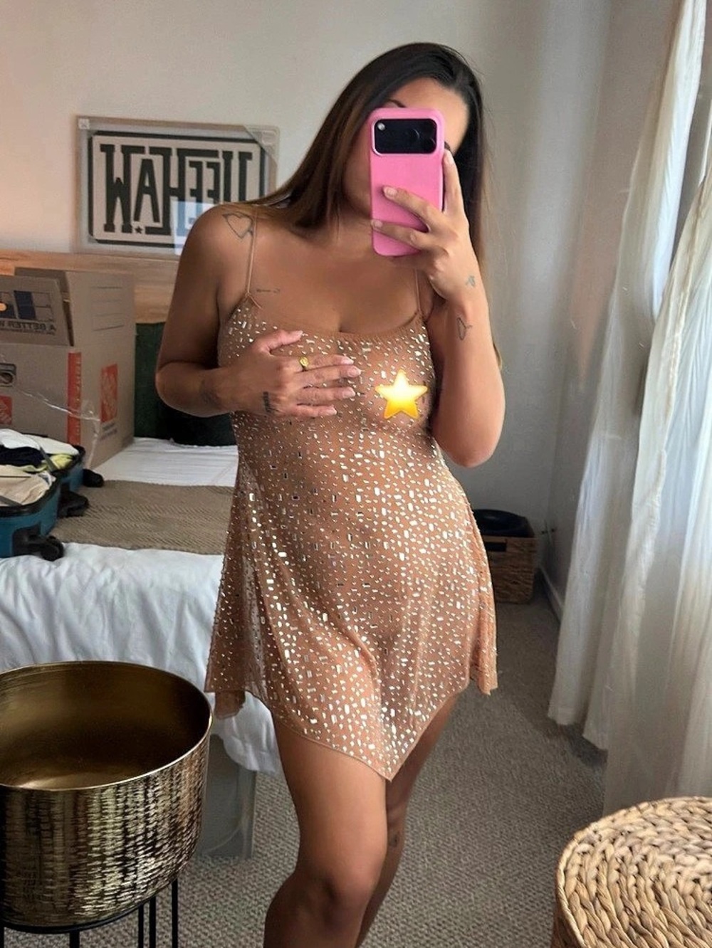 Sheer Rhinestone Asymmetrical Mini Dress – Nude Y2K